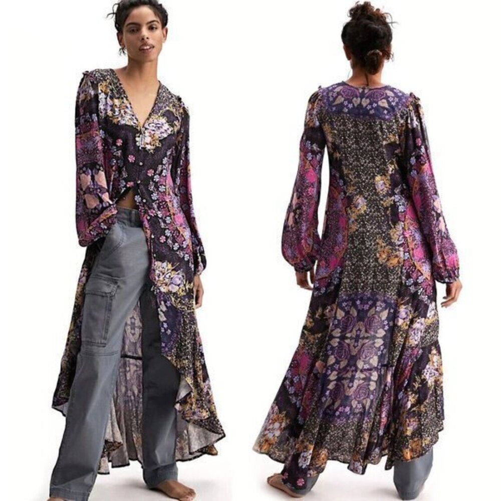 Free People Marais Printed Midi Maxi Dress - Vintage Floral Patchwork Duster S